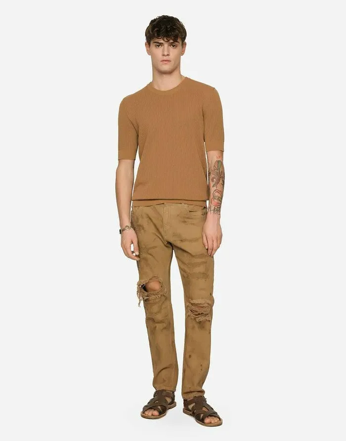 Dolce and Gabbana Denim Men Overdyed Loose Fit Stretch Jeans With Rips Multicolor