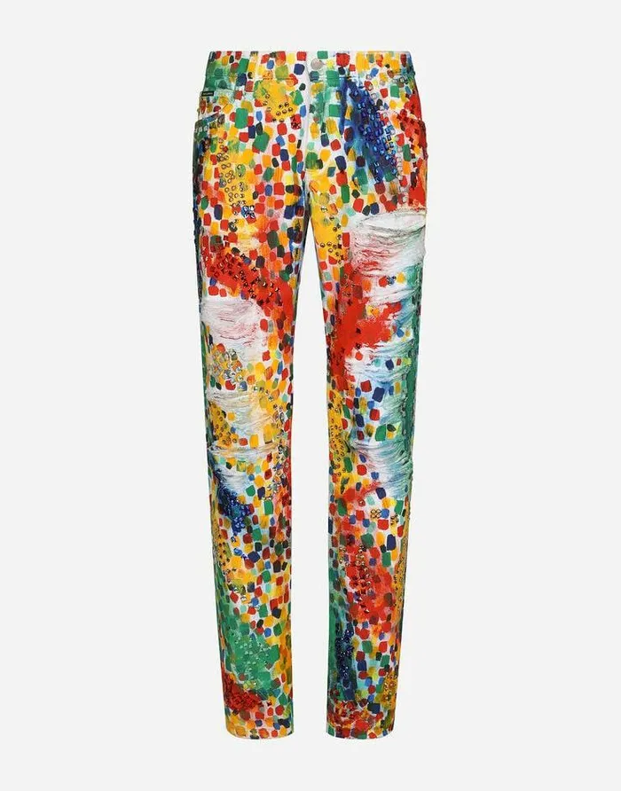 Dolce and Gabbana Denim Men Printed Regularfit Jeans With Rips Multicolor