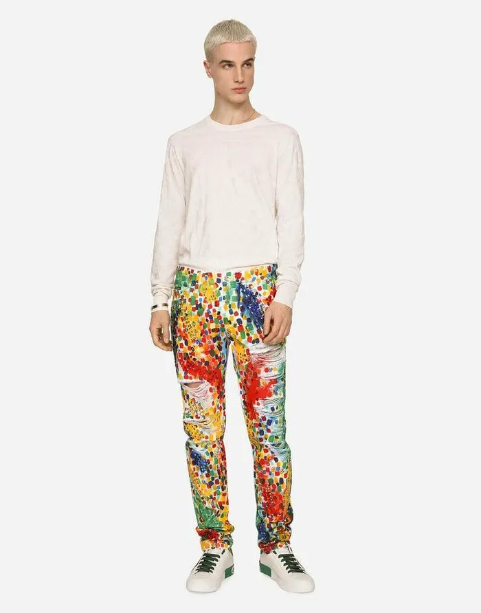 Dolce and Gabbana Denim Men Printed Regularfit Jeans With Rips Multicolor Dolce and Gabbana Denim Men Printed Regularfit Jeans With Rips Multicolor