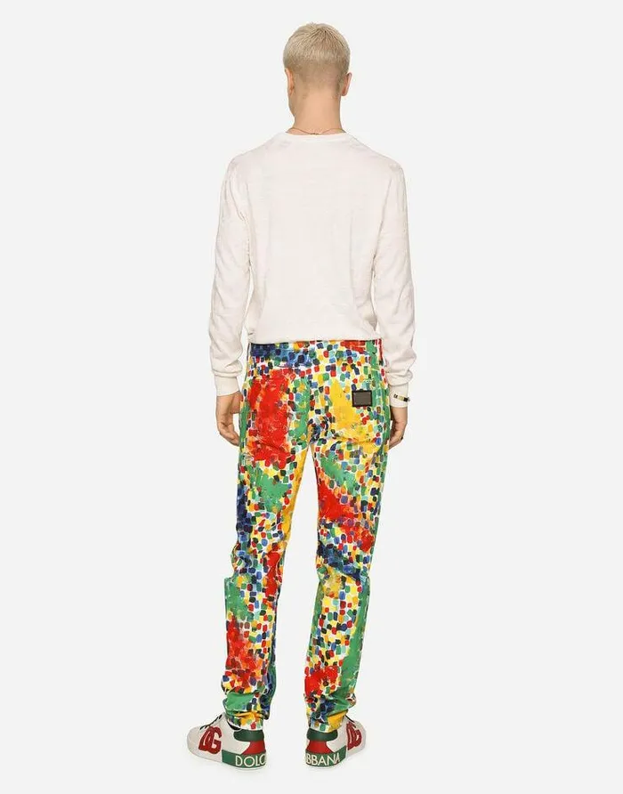 Dolce and Gabbana Denim Men Printed Regularfit Jeans With Rips Multicolor Dolce and Gabbana Denim Men Printed Regularfit Jeans With Rips Multicolor