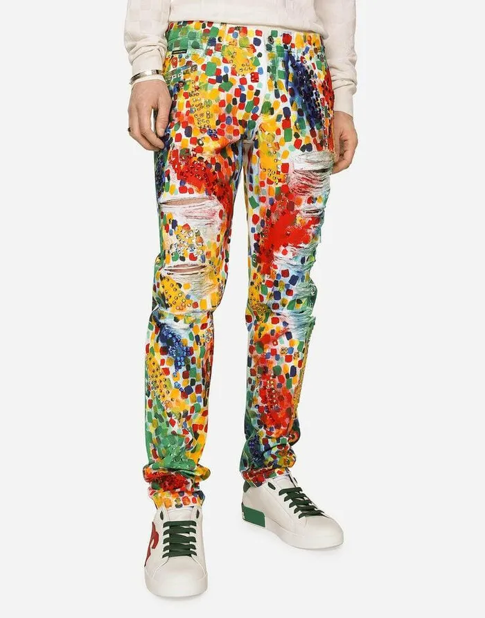 Dolce and Gabbana Denim Men Printed Regularfit Jeans With Rips Multicolor Dolce and Gabbana Denim Men Printed Regularfit Jeans With Rips Multicolor