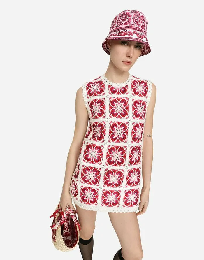 Dolce and Gabbana Dresses Women Brickstitched Crochet Mini Dress With Majolica Print Multicolor Dolce and Gabbana Dresses Women Brickstitched Crochet Mini Dress With Majolica Print Multicolor