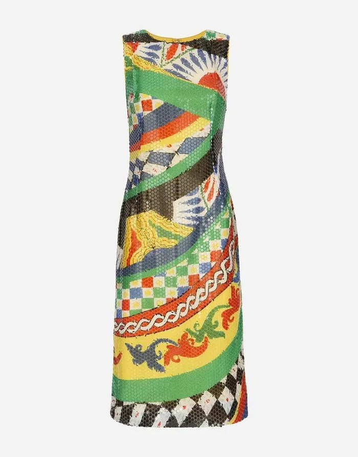 Dolce and Gabbana Dresses Women Calflength Sequined Carrettopattern Dress Multicolor Dolce and Gabbana Dresses Women Calflength Sequined Carrettopattern Dress Multicolor