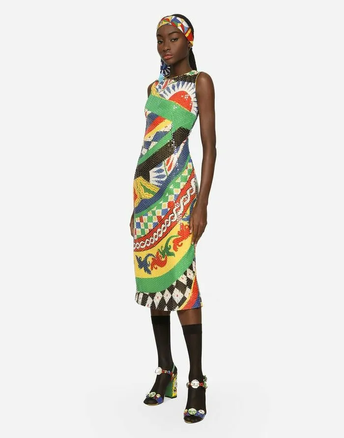 Dolce and Gabbana Dresses Women Calflength Sequined Carrettopattern Dress Multicolor Dolce and Gabbana Dresses Women Calflength Sequined Carrettopattern Dress Multicolor