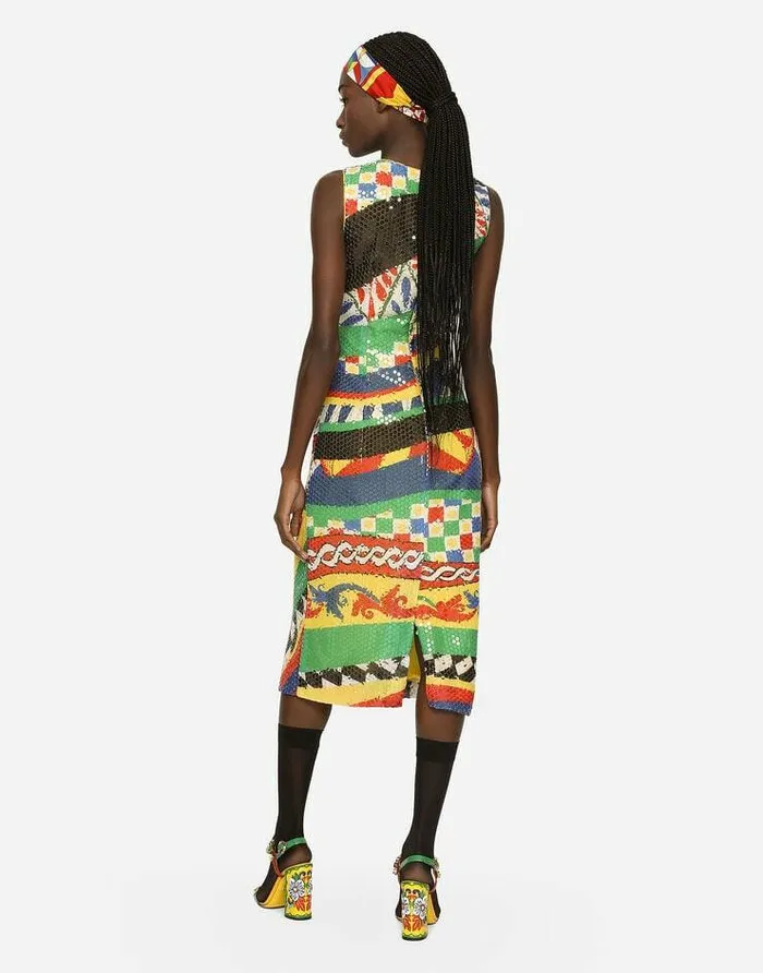 Dolce and Gabbana Dresses Women Calflength Sequined Carrettopattern Dress Multicolor Dolce and Gabbana Dresses Women Calflength Sequined Carrettopattern Dress Multicolor