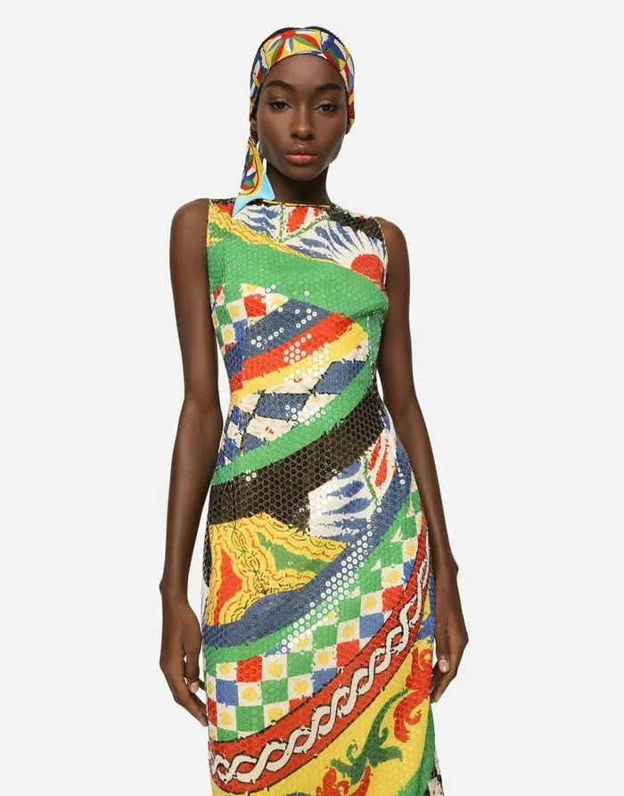Dolce and Gabbana Dresses Women Calflength Sequined Carrettopattern Dress Multicolor Dolce and Gabbana Dresses Women Calflength Sequined Carrettopattern Dress Multicolor