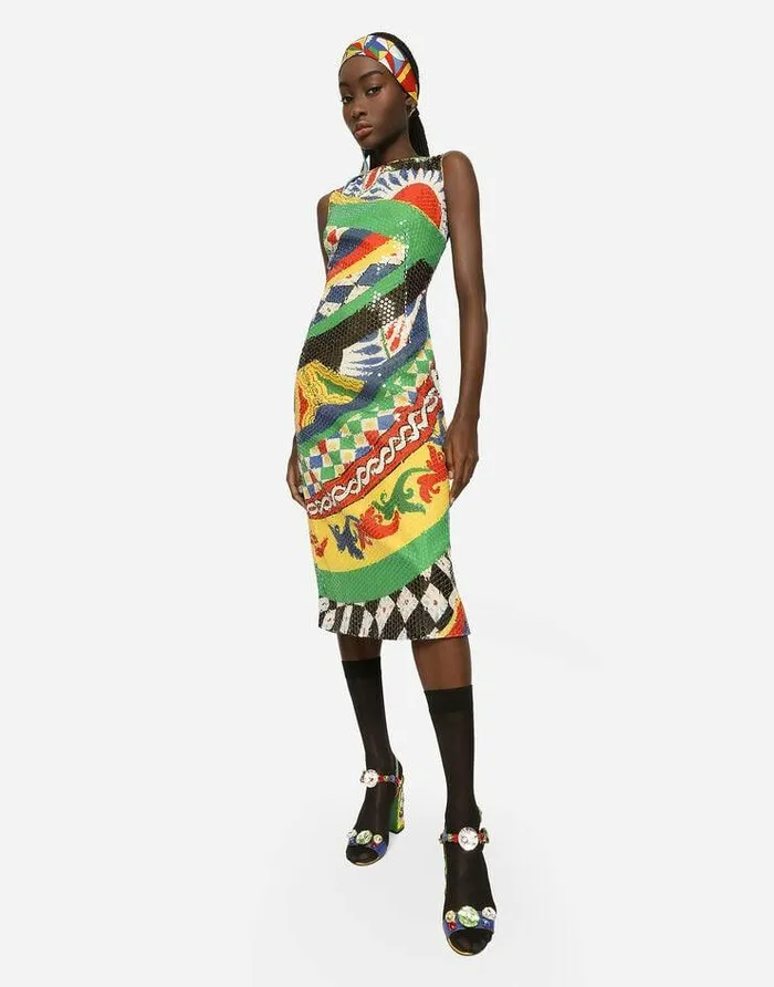 Dolce and Gabbana Dresses Women Calflength Sequined Carrettopattern Dress Multicolor Dolce and Gabbana Dresses Women Calflength Sequined Carrettopattern Dress Multicolor