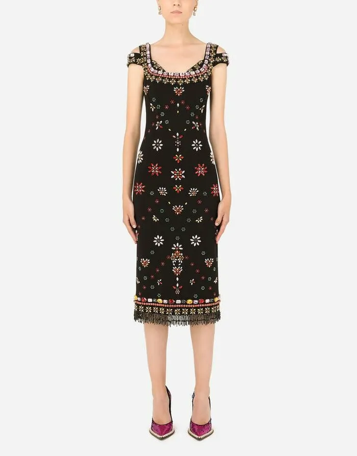 Dolce and Gabbana Dresses Women Jersey Midi Dress With Multicolored Embroidery Multicolor Dolce and Gabbana Dresses Women Jersey Midi Dress With Multicolored Embroidery Multicolor