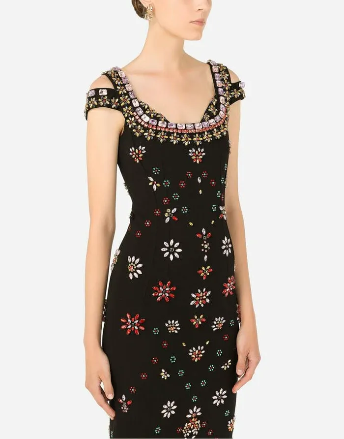 Dolce and Gabbana Dresses Women Jersey Midi Dress With Multicolored Embroidery Multicolor Dolce and Gabbana Dresses Women Jersey Midi Dress With Multicolored Embroidery Multicolor