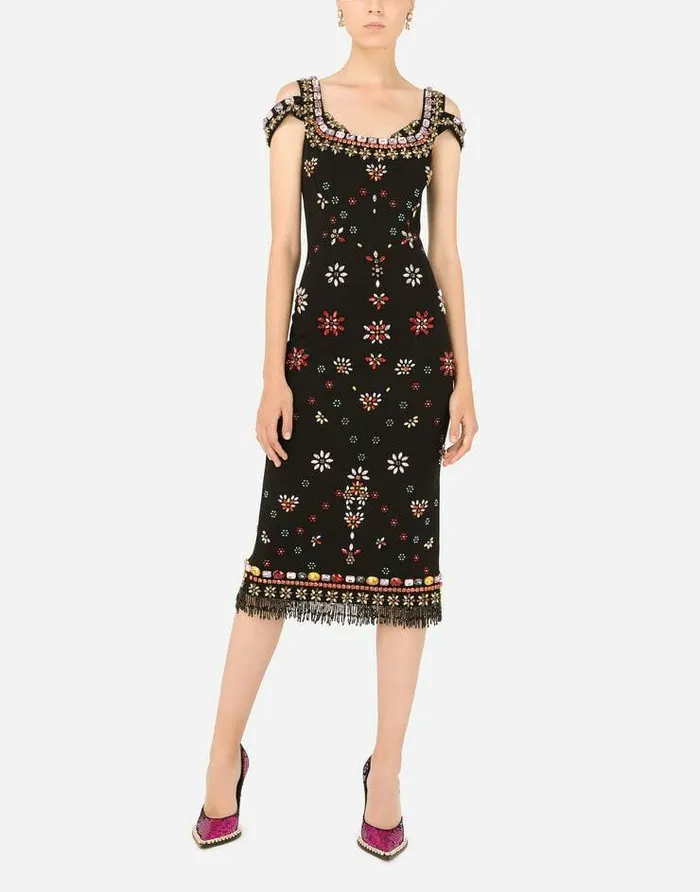 Dolce and Gabbana Dresses Women Jersey Midi Dress With Multicolored Embroidery Multicolor Dolce and Gabbana Dresses Women Jersey Midi Dress With Multicolored Embroidery Multicolor