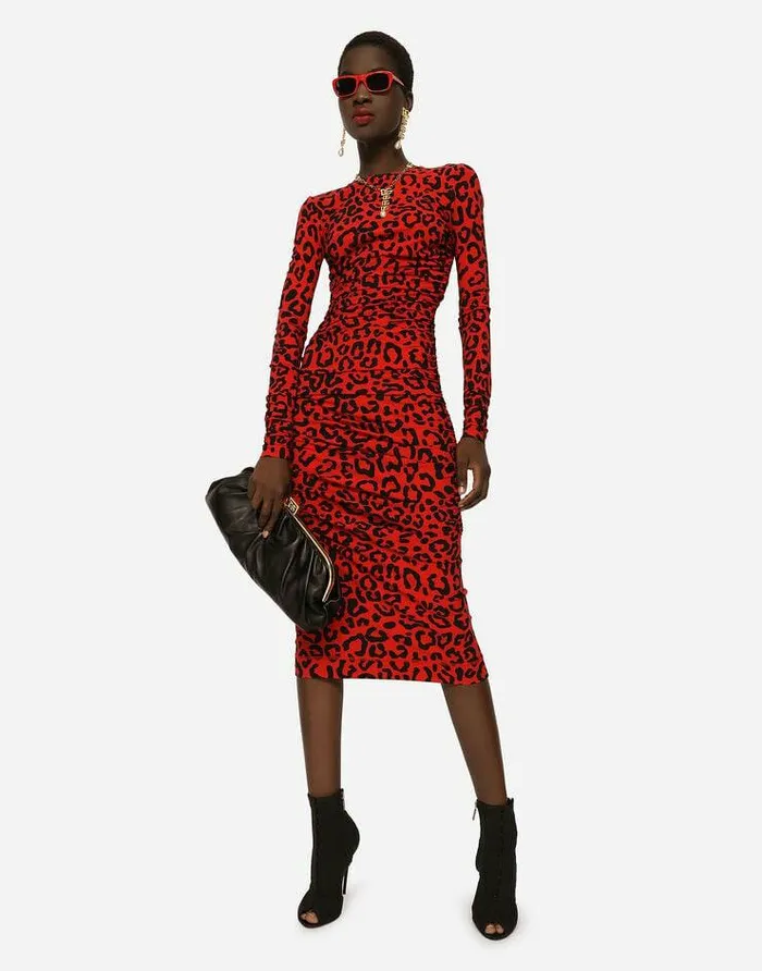 Dolce and Gabbana Dresses Women Leopardprint Jersey Calflength Dress Multicolor Dolce and Gabbana Dresses Women Leopardprint Jersey Calflength Dress Multicolor