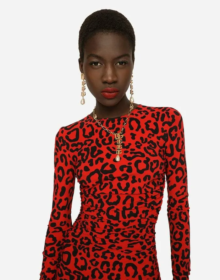 Dolce and Gabbana Dresses Women Leopardprint Jersey Calflength Dress Multicolor Dolce and Gabbana Dresses Women Leopardprint Jersey Calflength Dress Multicolor