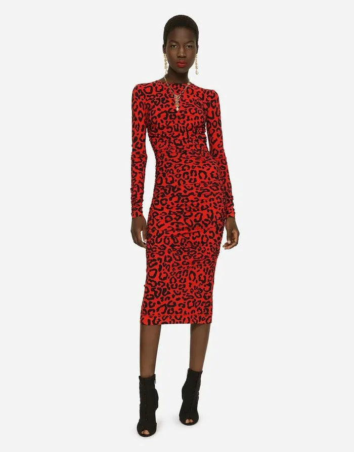 Dolce and Gabbana Dresses Women Leopardprint Jersey Calflength Dress Multicolor Dolce and Gabbana Dresses Women Leopardprint Jersey Calflength Dress Multicolor