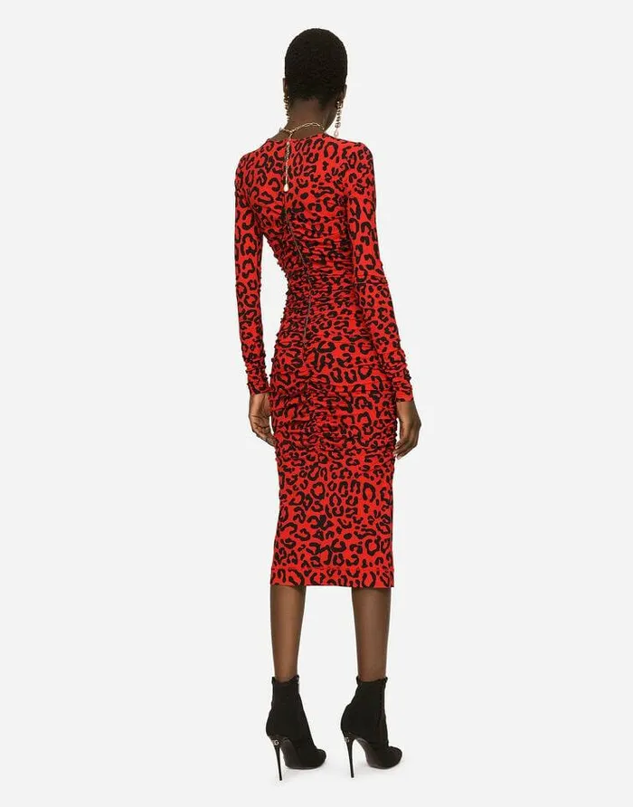 Dolce and Gabbana Dresses Women Leopardprint Jersey Calflength Dress Multicolor Dolce and Gabbana Dresses Women Leopardprint Jersey Calflength Dress Multicolor