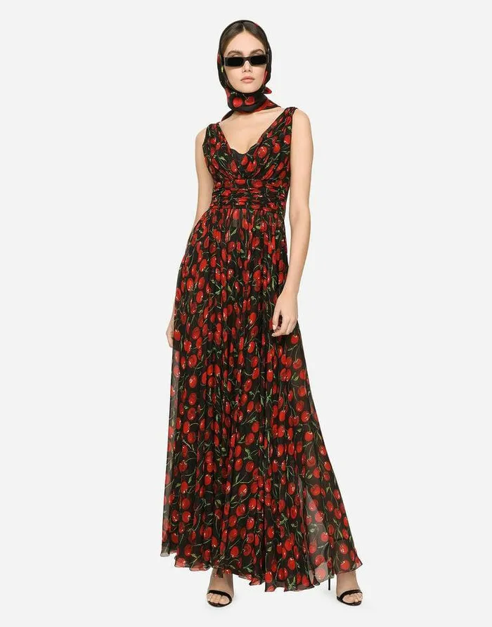 Dolce and Gabbana Dresses Women Long Cherryprint Chiffon Dress Multicolor Dolce and Gabbana Dresses Women Long Cherryprint Chiffon Dress Multicolor
