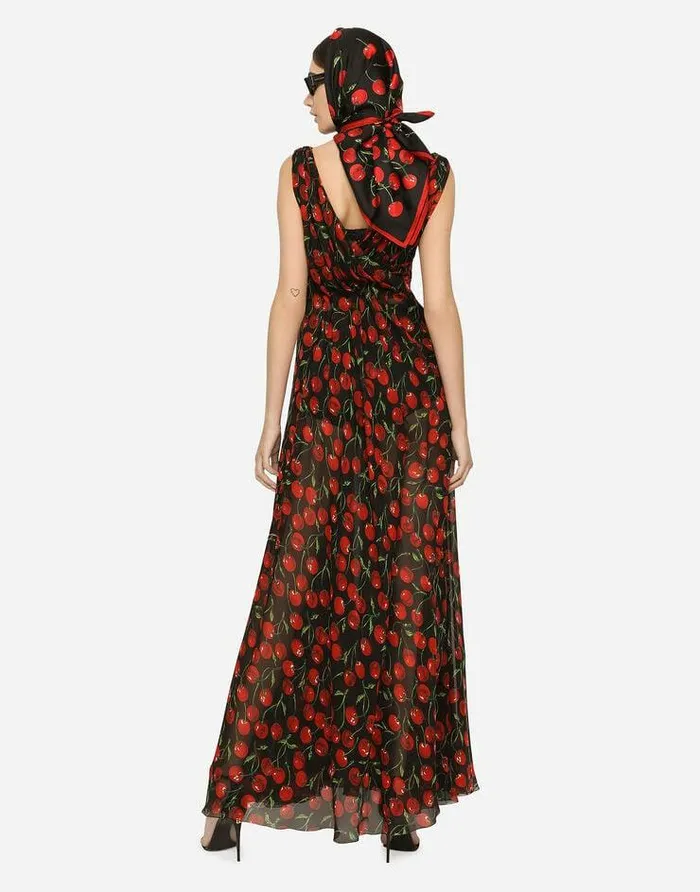 Dolce and Gabbana Dresses Women Long Cherryprint Chiffon Dress Multicolor Dolce and Gabbana Dresses Women Long Cherryprint Chiffon Dress Multicolor