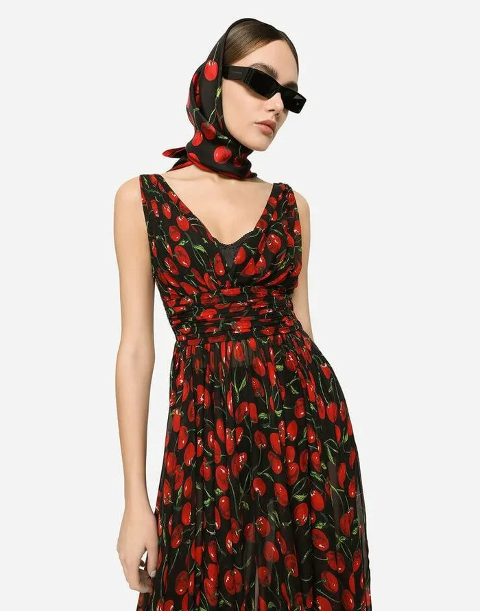 Dolce and Gabbana Dresses Women Long Cherryprint Chiffon Dress Multicolor Dolce and Gabbana Dresses Women Long Cherryprint Chiffon Dress Multicolor