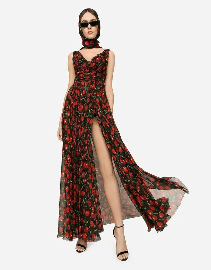 Dolce and Gabbana Dresses Women Long Cherryprint Chiffon Dress Multicolor Dolce and Gabbana Dresses Women Long Cherryprint Chiffon Dress Multicolor