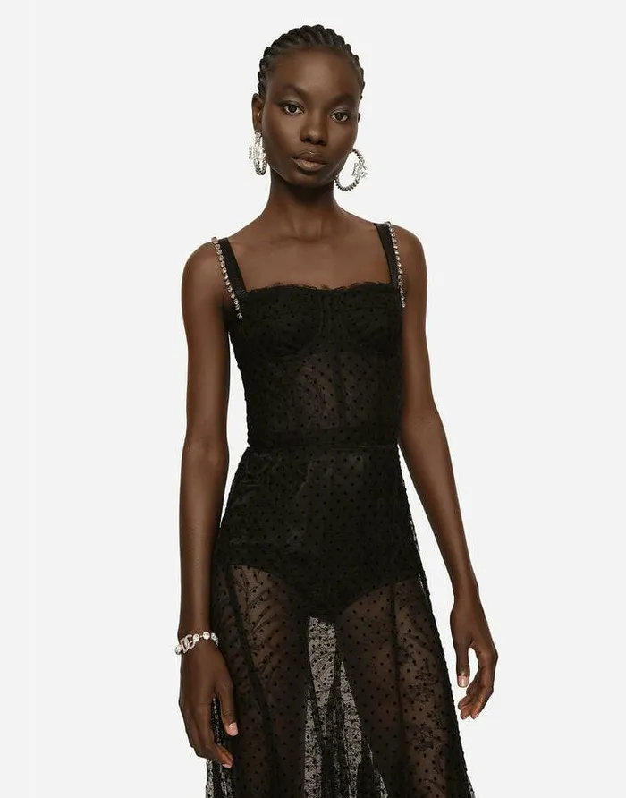 Dolce and Gabbana Dresses Women Long Flocked Tulle Dress Black
