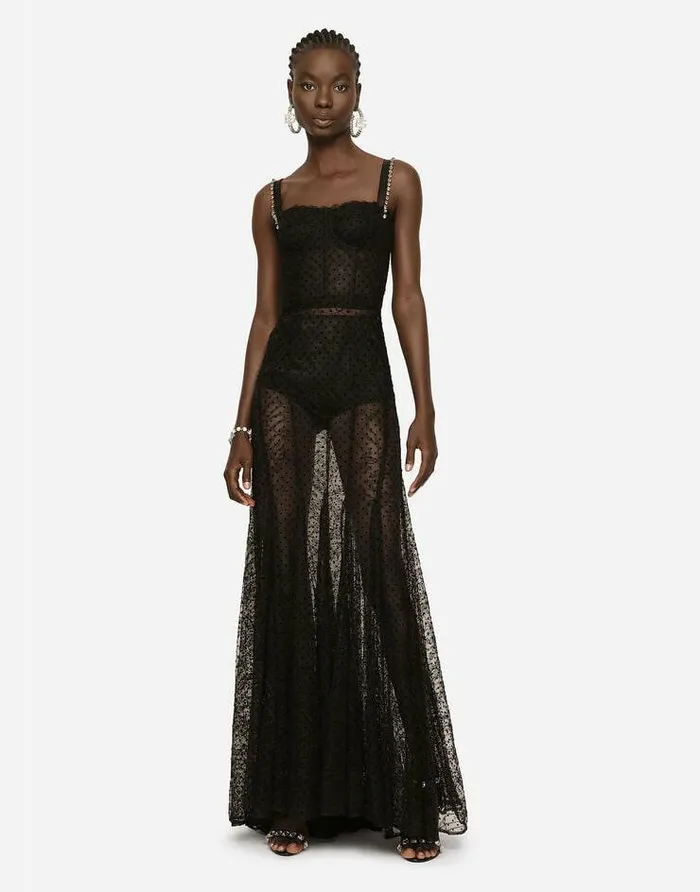 Dolce and Gabbana Dresses Women Long Flocked Tulle Dress Black