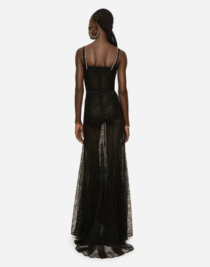 Dolce and Gabbana Dresses Women Long Flocked Tulle Dress Black