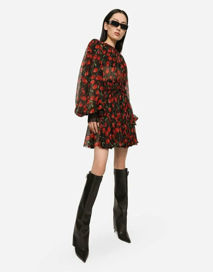 Dolce and Gabbana Dresses Women Short Cherryprint Chiffon Dress Multicolor Dolce and Gabbana Dresses Women Short Cherryprint Chiffon Dress Multicolor