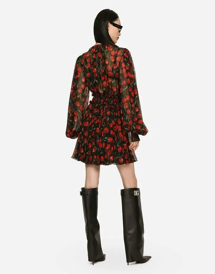 Dolce and Gabbana Dresses Women Short Cherryprint Chiffon Dress Multicolor Dolce and Gabbana Dresses Women Short Cherryprint Chiffon Dress Multicolor