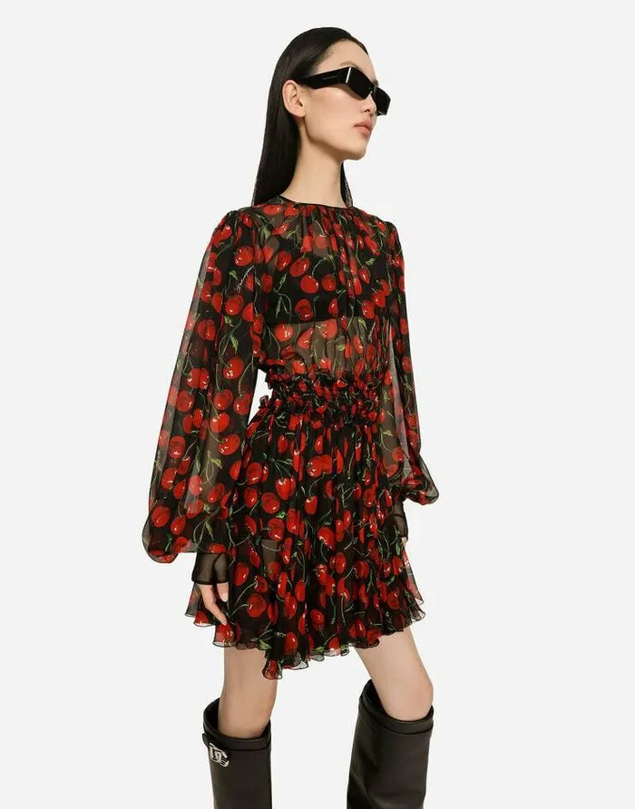 Dolce and Gabbana Dresses Women Short Cherryprint Chiffon Dress Multicolor Dolce and Gabbana Dresses Women Short Cherryprint Chiffon Dress Multicolor