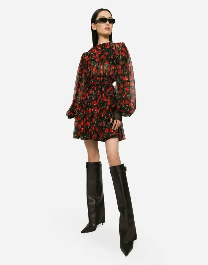 Dolce and Gabbana Dresses Women Short Cherryprint Chiffon Dress Multicolor Dolce and Gabbana Dresses Women Short Cherryprint Chiffon Dress Multicolor