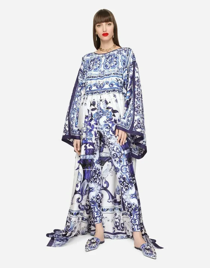 Dolce and Gabbana Dresses Women Silk Twill Caftan With Majolica Print Multicolor Dolce and Gabbana Dresses Women Silk Twill Caftan With Majolica Print Multicolor