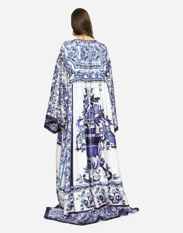 Dolce and Gabbana Dresses Women Silk Twill Caftan With Majolica Print Multicolor Dolce and Gabbana Dresses Women Silk Twill Caftan With Majolica Print Multicolor