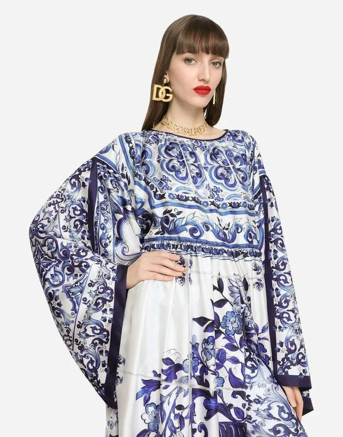 Dolce and Gabbana Dresses Women Silk Twill Caftan With Majolica Print Multicolor Dolce and Gabbana Dresses Women Silk Twill Caftan With Majolica Print Multicolor