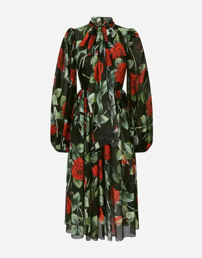 Dolce and Gabbana Dresses Women Textured Chiffon Calflength Dress With Pussybow And Rose Print Multicolor Dolce and Gabbana Dresses Women Textured Chiffon Calflength Dress With Pussybow And Rose Print Multicolor