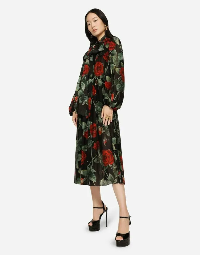 Dolce and Gabbana Dresses Women Textured Chiffon Calflength Dress With Pussybow And Rose Print Multicolor Dolce and Gabbana Dresses Women Textured Chiffon Calflength Dress With Pussybow And Rose Print Multicolor