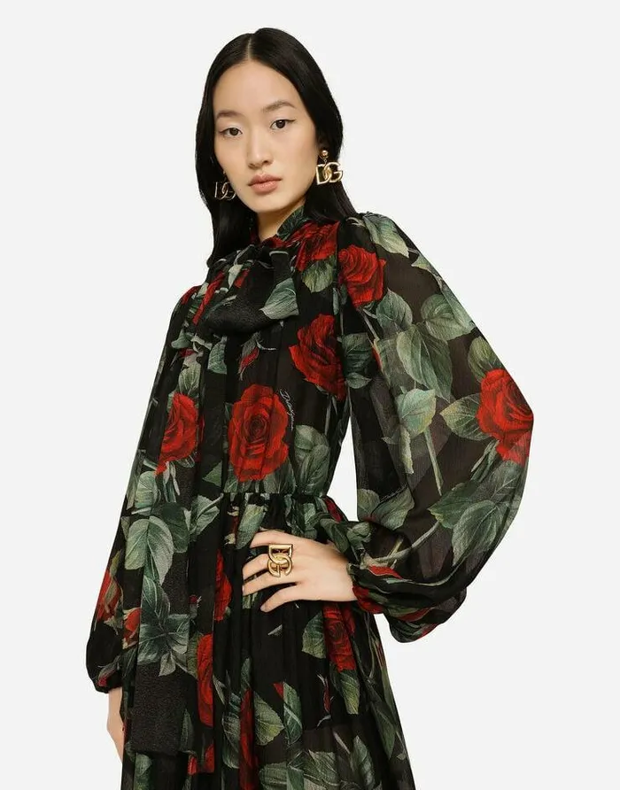 Dolce and Gabbana Dresses Women Textured Chiffon Calflength Dress With Pussybow And Rose Print Multicolor Dolce and Gabbana Dresses Women Textured Chiffon Calflength Dress With Pussybow And Rose Print Multicolor