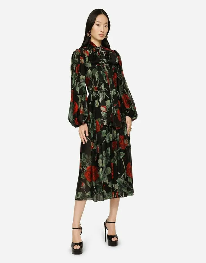 Dolce and Gabbana Dresses Women Textured Chiffon Calflength Dress With Pussybow And Rose Print Multicolor Dolce and Gabbana Dresses Women Textured Chiffon Calflength Dress With Pussybow And Rose Print Multicolor