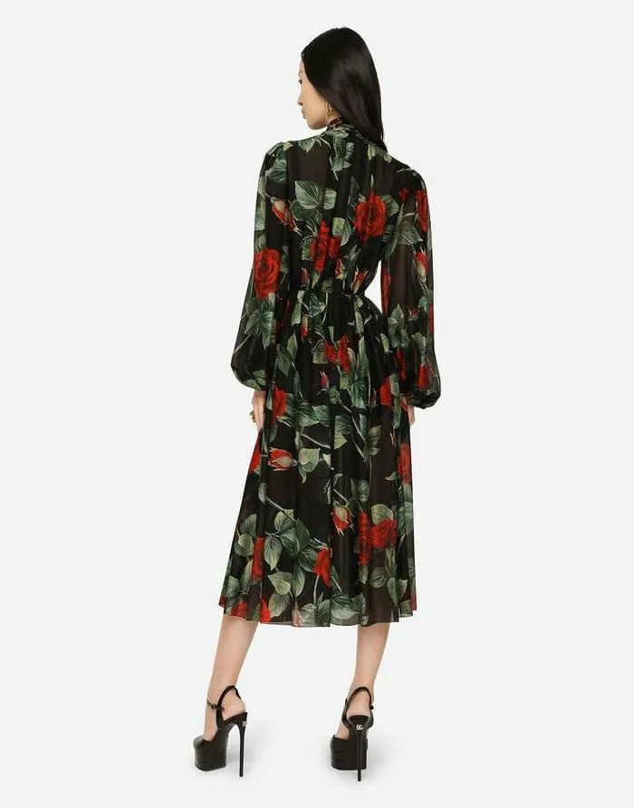 Dolce and Gabbana Dresses Women Textured Chiffon Calflength Dress With Pussybow And Rose Print Multicolor Dolce and Gabbana Dresses Women Textured Chiffon Calflength Dress With Pussybow And Rose Print Multicolor