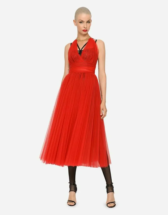 Dolce and Gabbana Dresses Women Tulle Calflength Dress With Sunray Pleats Red Dolce and Gabbana Dresses Women Tulle Calflength Dress With Sunray Pleats Red