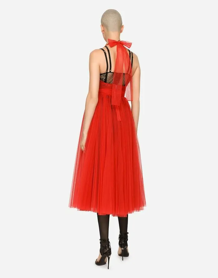 Dolce and Gabbana Dresses Women Tulle Calflength Dress With Sunray Pleats Red Dolce and Gabbana Dresses Women Tulle Calflength Dress With Sunray Pleats Red