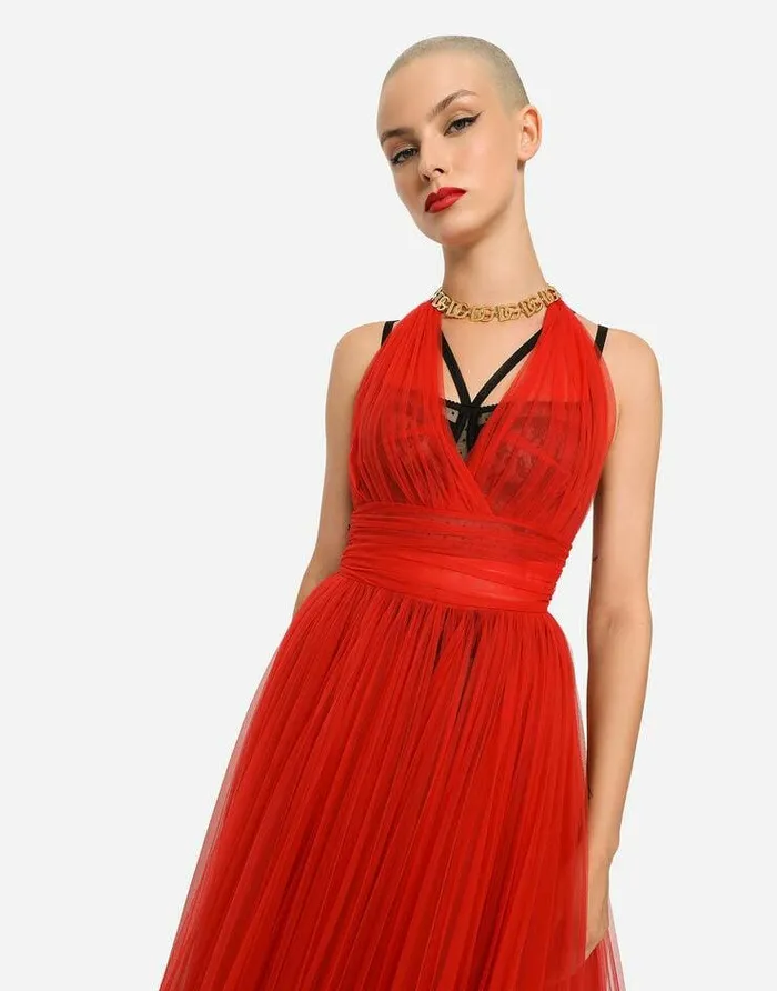 Dolce and Gabbana Dresses Women Tulle Calflength Dress With Sunray Pleats Red Dolce and Gabbana Dresses Women Tulle Calflength Dress With Sunray Pleats Red