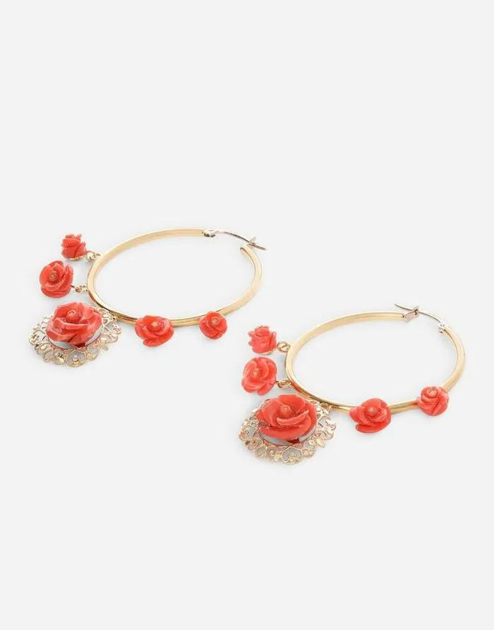 Dolce and Gabbana Earrings Women Coral Loop Earrings In Yellow 18kt Gold With Coral Roses Gold Dolce and Gabbana Earrings Women Coral Loop Earrings In Yellow 18kt Gold With Coral Roses Gold