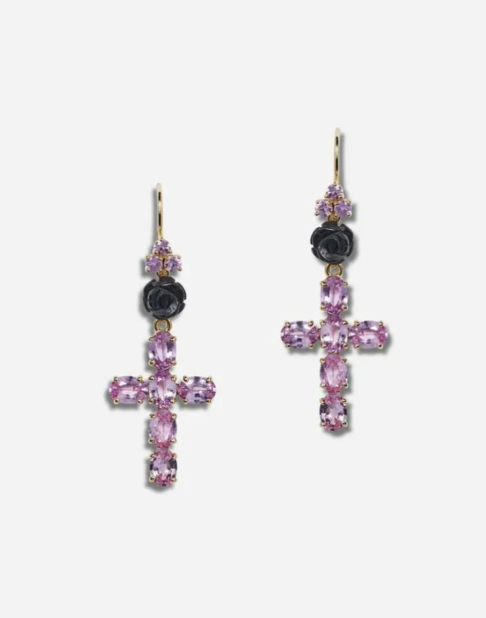 Dolce and Gabbana Earrings Women Family Yellow Gold Earrings With Rose And Cross Pendant Gold Dolce and Gabbana Earrings Women Family Yellow Gold Earrings With Rose And Cross Pendant Gold