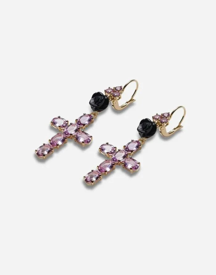 Dolce and Gabbana Earrings Women Family Yellow Gold Earrings With Rose And Cross Pendant Gold