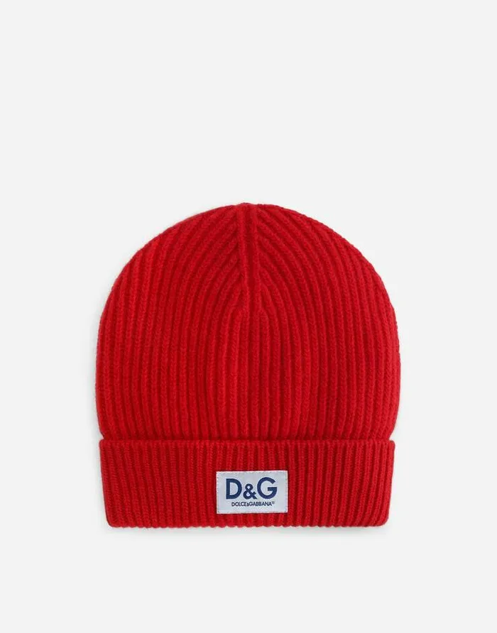 Dolce and Gabbana Hats And Gloves Men Knit Cashmere Hat With DG Patch Red