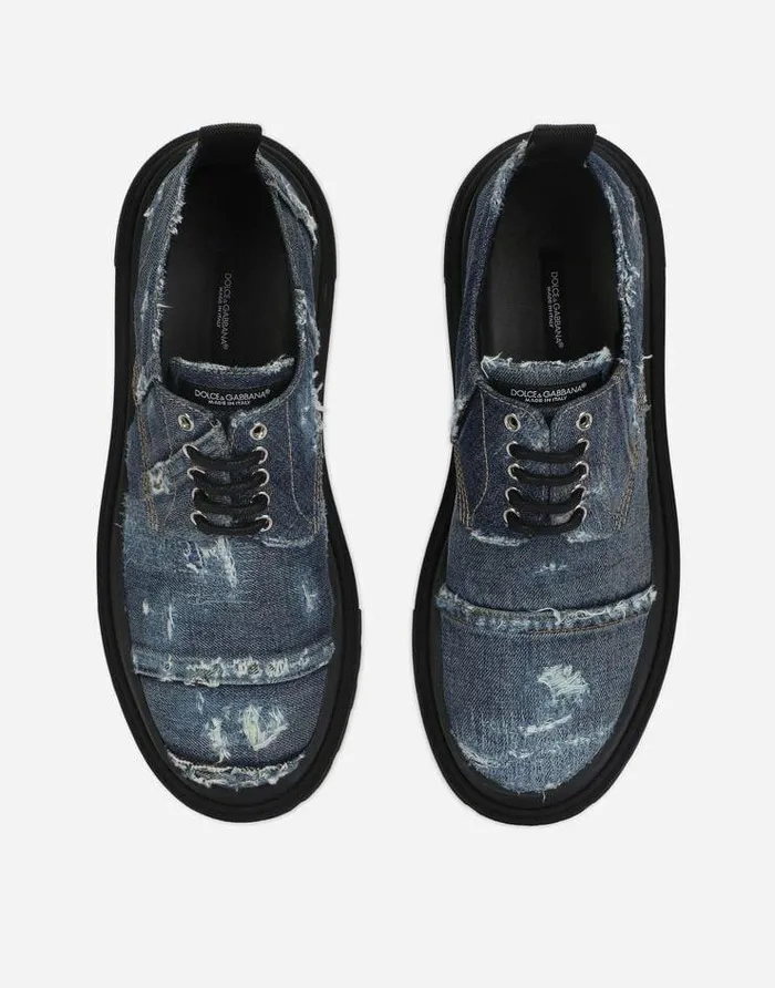 Dolce and Gabbana LaceUps Men Denim Patchwork Hitrekking Derby Shoes Blue Dolce and Gabbana LaceUps Men Denim Patchwork Hitrekking Derby Shoes Blue