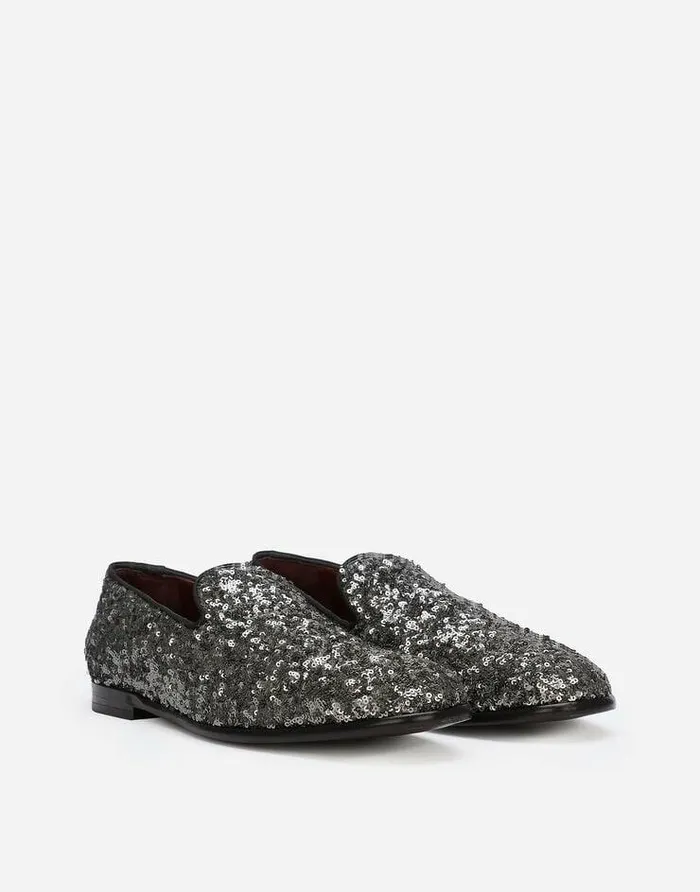 Dolce and Gabbana Loafers And Moccasins Men Sequined Slippers Grey Dolce and Gabbana Loafers And Moccasins Men Sequined Slippers Grey
