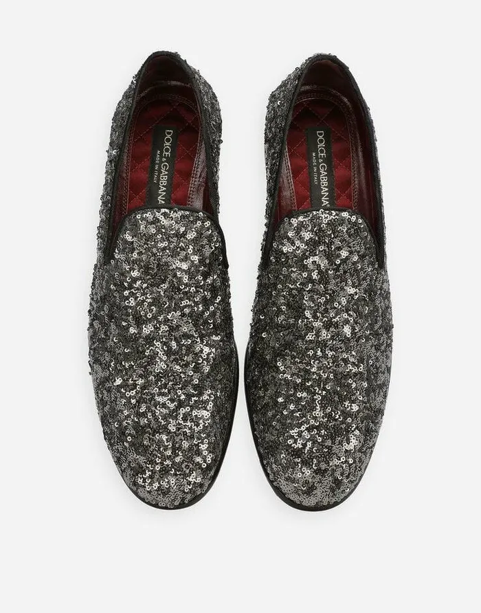 Dolce and Gabbana Loafers And Moccasins Men Sequined Slippers Grey Dolce and Gabbana Loafers And Moccasins Men Sequined Slippers Grey