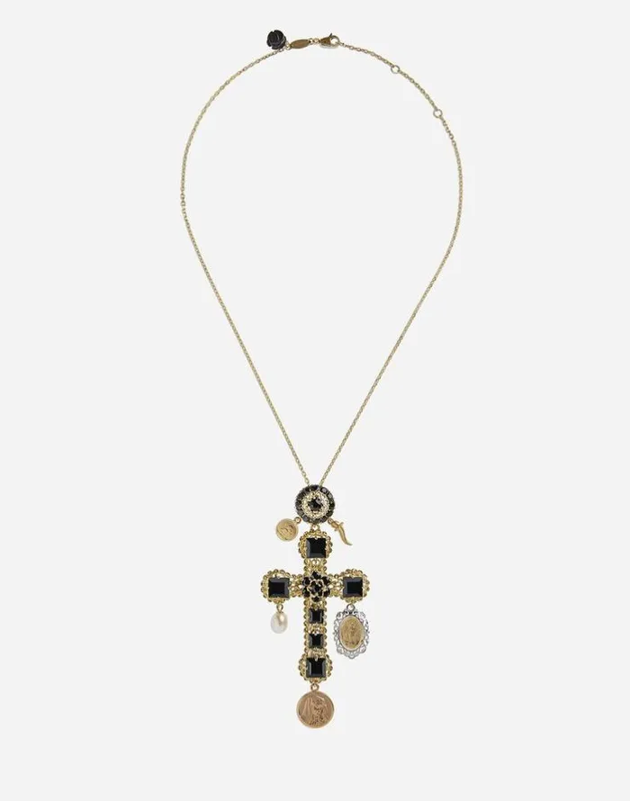 Dolce and Gabbana Necklaces Women Necklace With Sapphire Cross Charm Goldblack