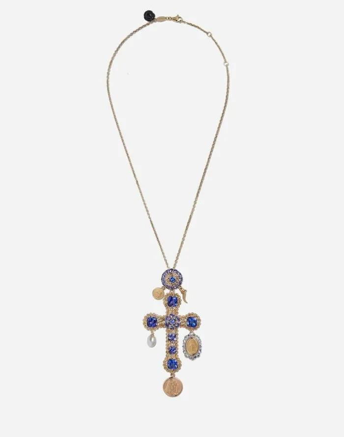 Dolce and Gabbana Necklaces Women Tradition Cross Pendant With Tanzanites Gold