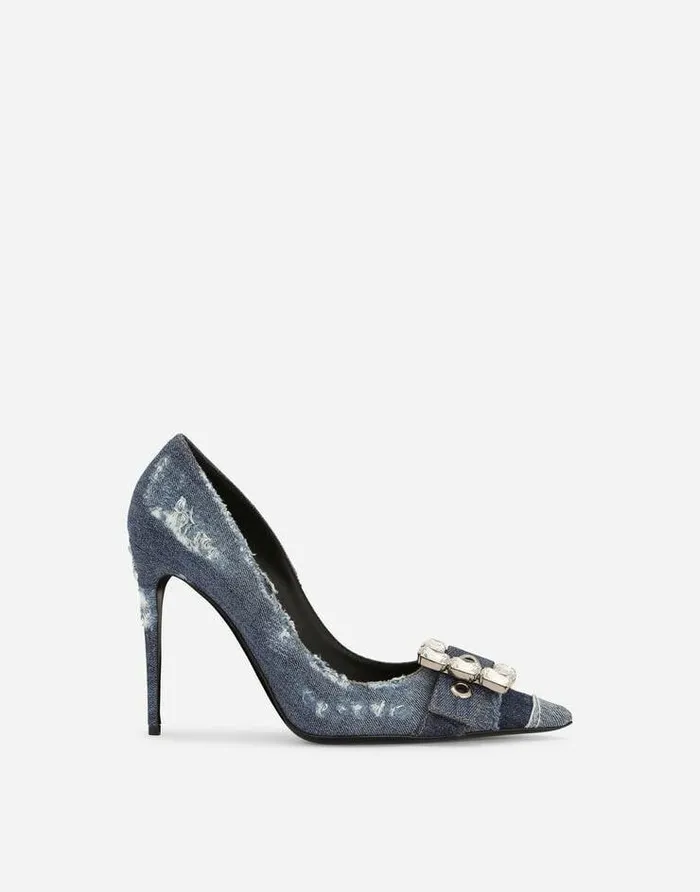 Dolce and Gabbana Pumps And Slingback Women Patchwork Denim Pumps With Rhinestone Buckle Blue Dolce and Gabbana Pumps And Slingback Women Patchwork Denim Pumps With Rhinestone Buckle Blue